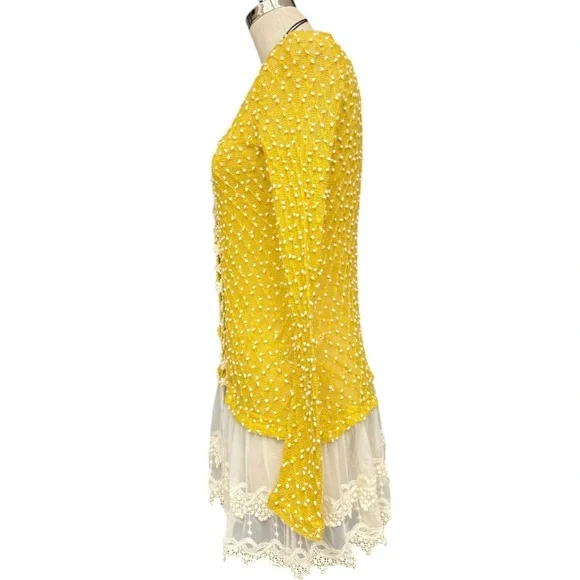 A’reve Mustard Yellow Lace Floral Ruffle Hem Cardigan Tunic Size Medium - Picture 4 of 11